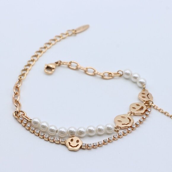 Rose Gold Smiley Face Pearl and Crystal Layered Bracelet, XPBL0671 - Picture 2 of 12